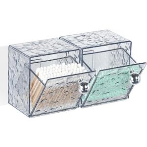 Qtip Holder Dispenser, Wall Mounted Plastic Cotton Pad Holder, Cotton Ball, Swabs, Floss, Makeup Organizers Containers for Vanity Bathroom (Transparent Gray, 2 Pcs)