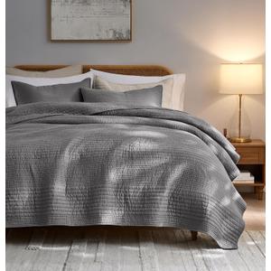 PALASSIO Striped Dark Grey 100% Cotton Quilt California Cal King Size Bedding Sets, Oversized Lightweight Channel Pick Stitch Textured Bedspread Soft Farmhouse Country Coverlet for All Season, 2 Shams