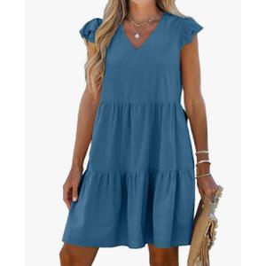 Women Crew Neck Cap Sleeve Ruffle Mini Babydoll Dress Back to School Cute Dresses XL