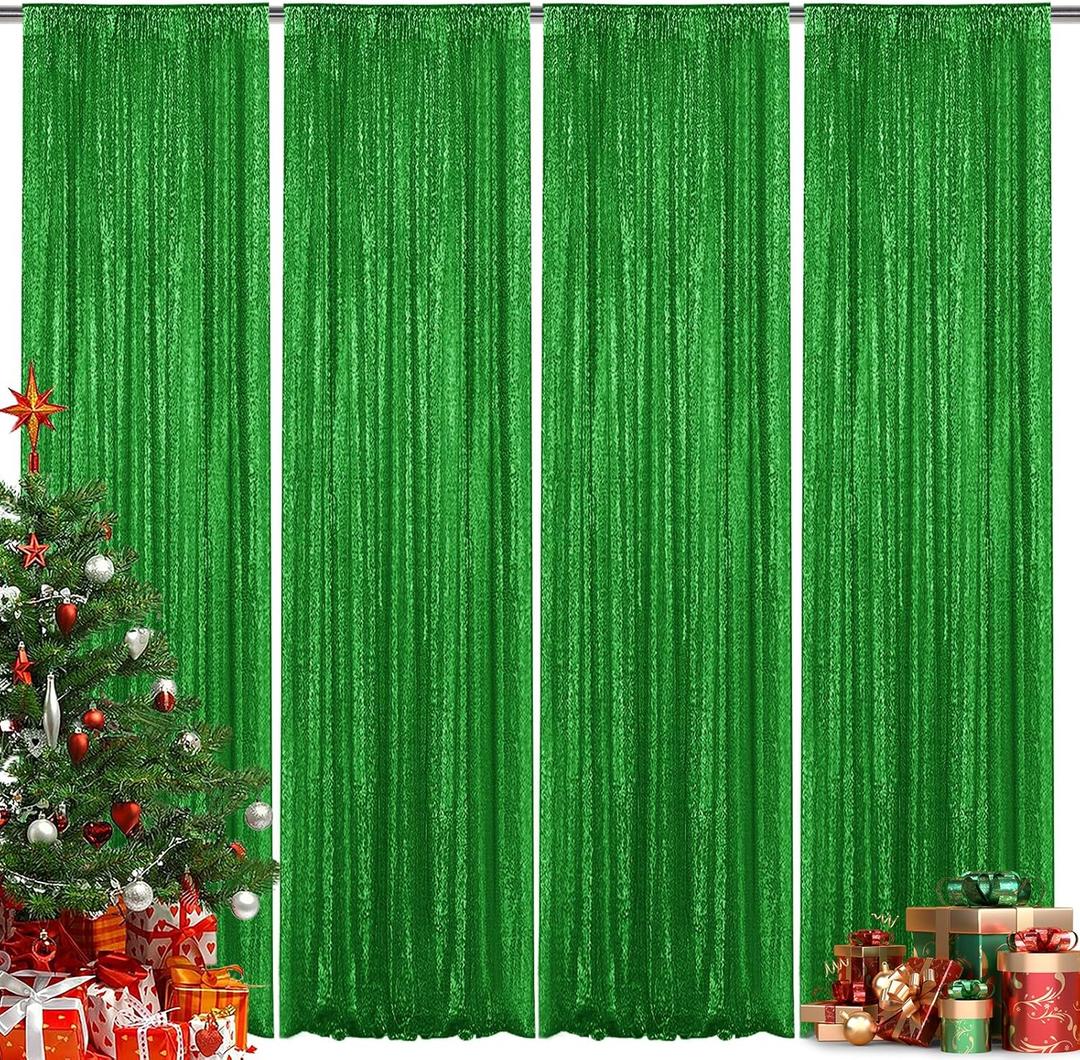 Green Sequin Backdrop Curtain 4 Pieces 2FTx8FT Glitter Photography Backdrop for Party Wedding Birthday Christmas Decorations