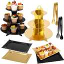 Willinglong 8 Pcs Dessert Table Display Set with 2 x 3-Tier Cardboard Cupcake Stand Tower 4 x Rectangle Serving Trays 2 x Serving Tongs for Wedding Bridal Shower Birthday Party Favors(Gold,Black)