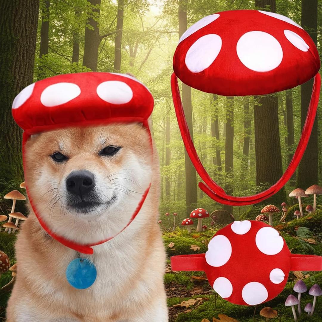 Halloween Mushroom Costumes for Dog White Mushroom with Red Dot Hat for Pet Cat Halloween Christmas Cottagecore Cosplay Cut Costumes