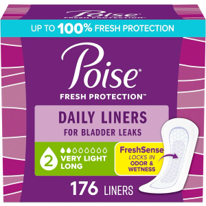 Poise Daily Liners, Incontinence Panty Liners for Bladder Leaks, 2 Drop Very Light Absorbency, Long Length, 176 Count of Pantiliners (4 Packs of 44), Packaging May Vary