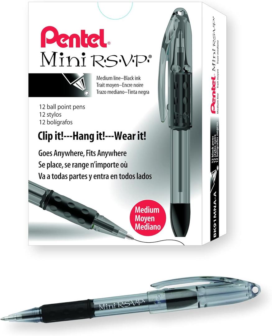 Pentel RSVP Mini Ballpoint Pen, (1.0mm) Medium Line, Black Ink, Box of 12 (BK91MNA-A)