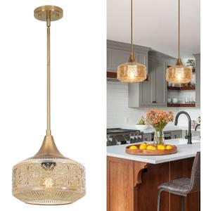 Retro Gold Pendant Lights Kitchen Island Lighting Fixture, Glass Pendant Light Large Brass with Large Thickened Amber Glass Shade, Classic Globe Pendant Light. Adjustable Hanging Light for Home Decor (9.25in)