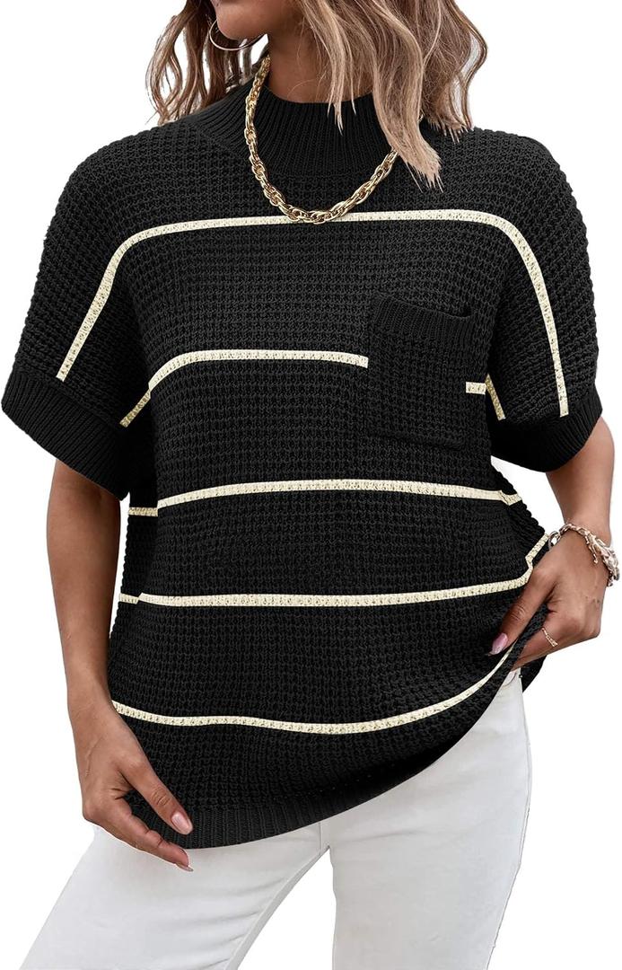 Women 2026 Sweater Vest Mock Neck Batwing Short Sleeve Oversized Ribbed Knit Tops Fall Pullover Sweater S-XXL (Black, S)