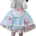 Packitcute Teens Lolita Princess Party Dress Japanese Sweet Bow Ruffle Hem High Waist A-line Sleeveless Cute Dresses Costume (Blue)
