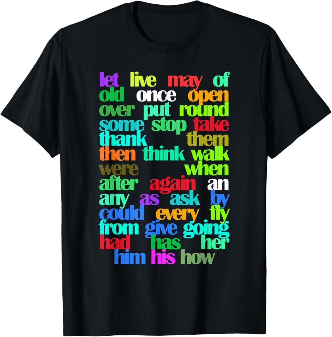 Sight Words First grade Colorful Educational T-Shirt. S Size