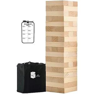 JST GAMEZ Outdoor Games Giant Tower Game Stacking Backyard Game Start from 2Ft to Over 4.2Ft Includes Customized Scoreboard and Carrying Case, Natur
