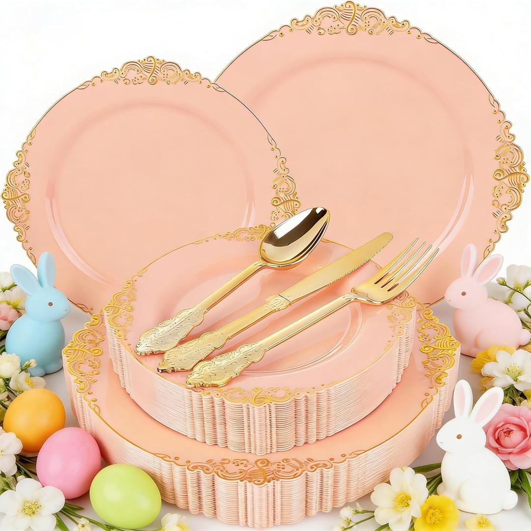 Joyido 125PCS Peachy Pink Plastic Plates  Elegant Pink and Gold Dinnerware Set  Heavy Duty Disposable Plates with Gold Silverware Sets for 25 Guests for Easter Wedding & Easter & Bridal Shower