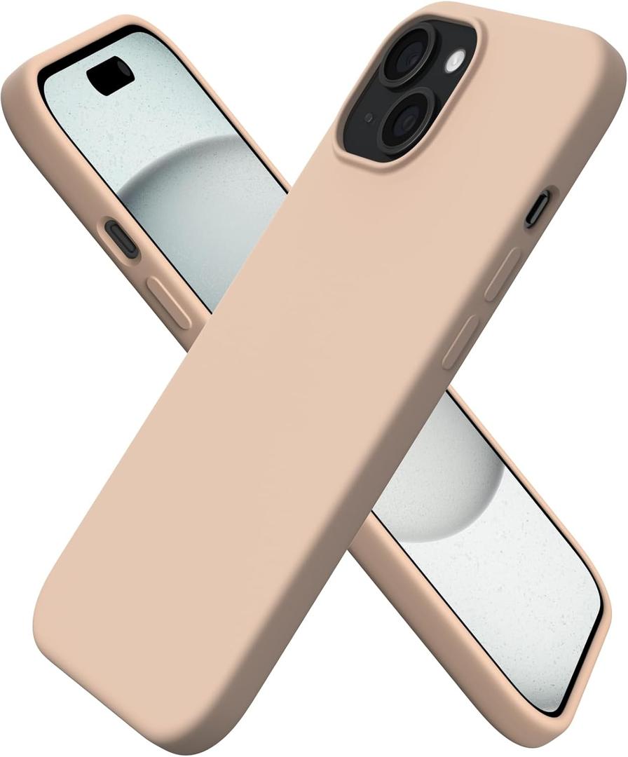 ORNARTO Compatible with iPhone 15 Case 6.1, Slim Liquid Silicone 3 Layers Full Covered Soft Gel Rubber Phone Case, Anti-Scratch Shockproof Protective Cover 6.1 Inch, Khaki Nude