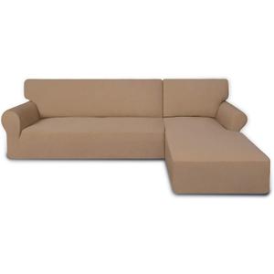 PureFit Super Stretch Sectional Couch Covers - 2 pcs Spandex Non Slip Sofa Covers with Elastic Bottom for L Shape Sectional Sofa Couch, Great for Kids & Pets (3 Seat Sofa + 3 Seat Chaise, Camel)