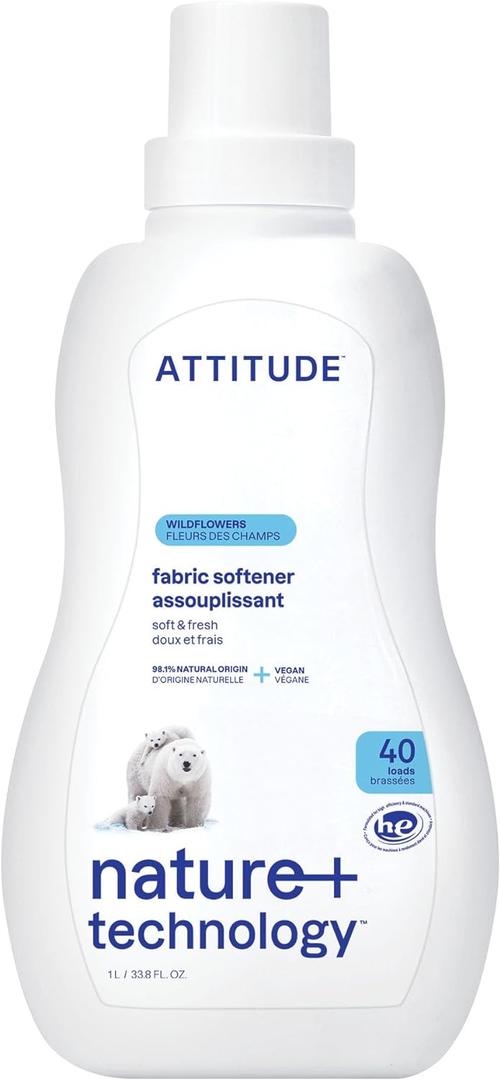 ATTITUDE Liquid Fabric Softener, Plant-Based & Vegan, HE Compatible, Naturally Derived, Wildflowers Scent, 40 Loads, 33.8 Fl Oz