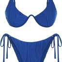 ZAFUL Women's Textured Underwire Bikini Set V Notch High Cut Swimwear Tie Side Ribbed Sexy Swimsuits (X-Small, Blue)
