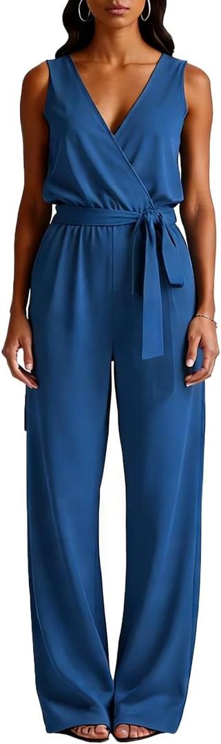 DeftSharp Women's Sexy Cocktail Party Clubwear Casual Working Rompers Club Back Zip Belt Long Jumpsuit (Blue, L)
