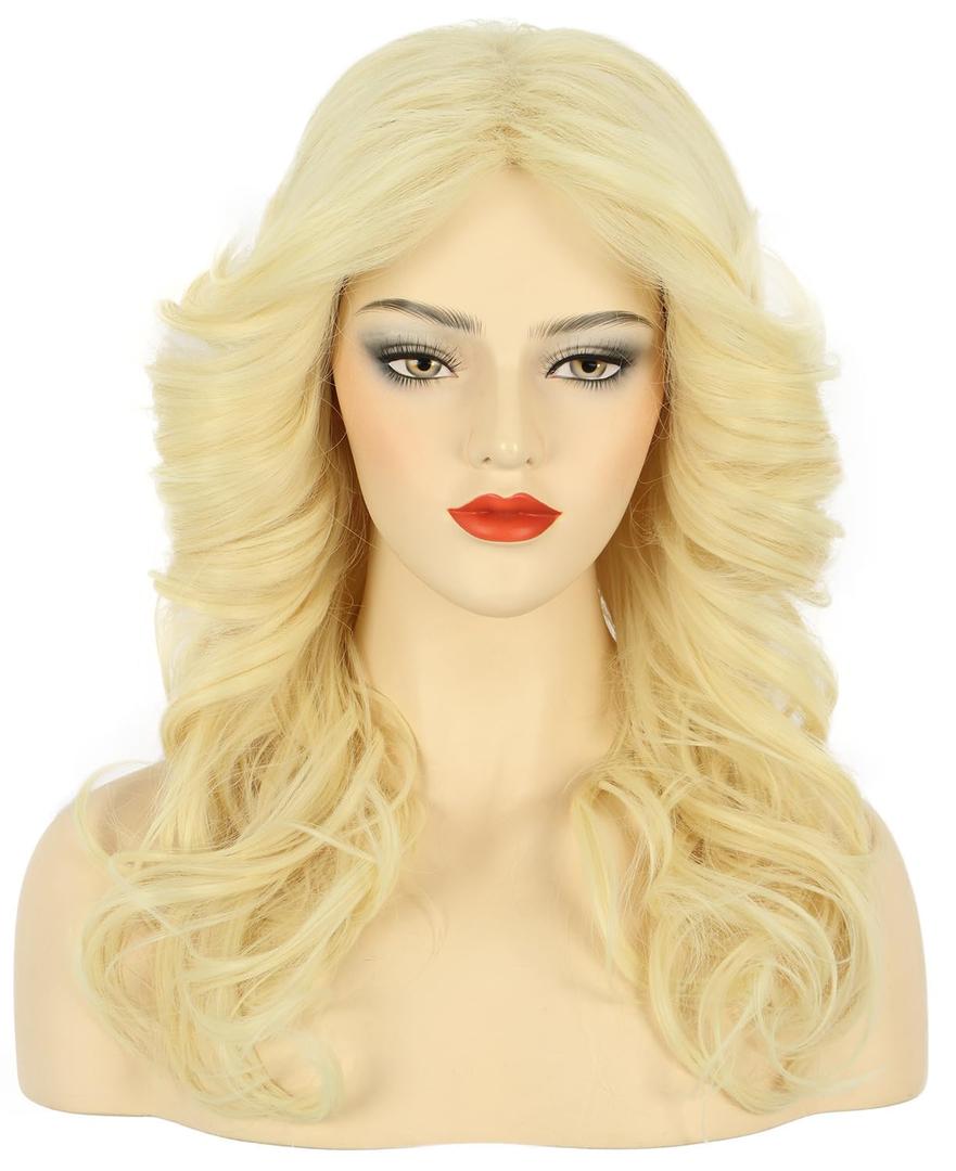 karlery Women 70s Feathered Wig Long Blonde Wave Disco Singer Wig Vintage Costume Wig Halloween Party Costume Wig
