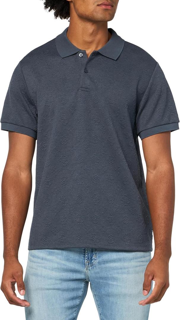 GUESS Men's Short Sleeve Peony Jacquard Polo (Large, Grey Shadow Blue)