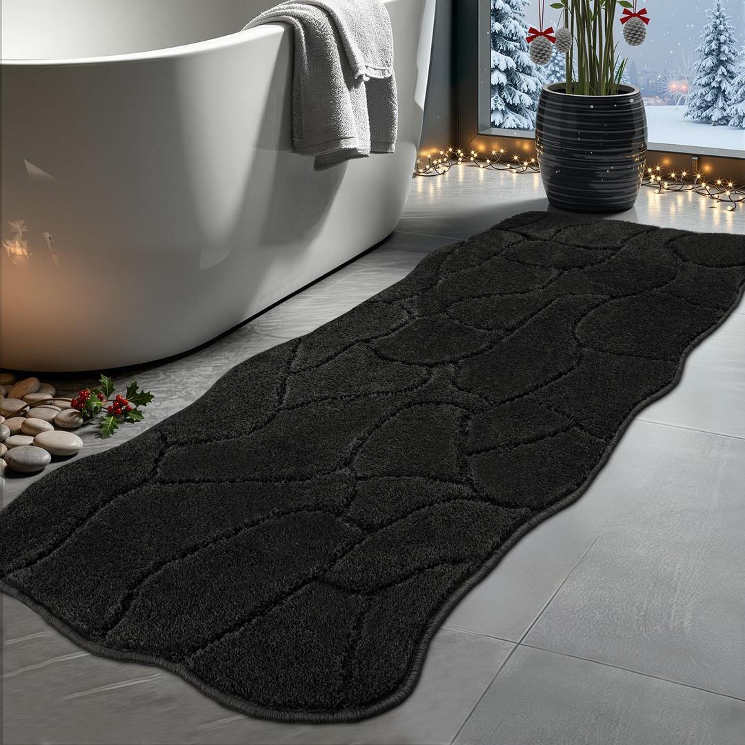 Large Bathroom Rugs Runner, 24x59 Extra Soft Absorbent Shaggy Long Bath Mats, Non-Slip Machine Washable Modern Bath Carpet Runner for Bathroom Laundry Room Kitchen (Black)
