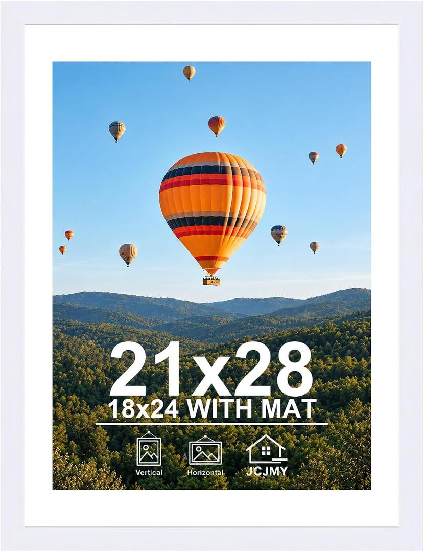 JCJMY 21x28 Picture Frame with 18x24 Mat, Display Photo 18x24 with Mat or 21 x 28 Without Mat, Wall Hanging Large 21 by 28 Poster Frame with Plexiglass, White