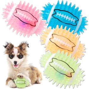 4.3 Dog Squeaky Football Toys 4 Pack, Light up and Durable Spiky Dog Balls for Medium Large Dogs with Rugby Shape, Built-in Squeaker for Teeth Cleaning and Training