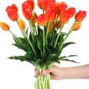 Riceshoot 6 Bunches Mother's Day Artificial Tulips Flowers 30 Pcs Faux Tulips Bouquets Arrangements Realistic Flowers for Office Wedding Party Kitchen Decoration(Sunset Color)