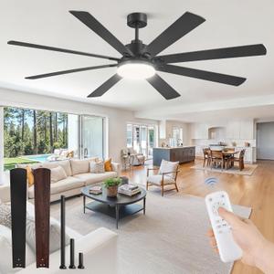 72 Inch Large Ceiling Fan with Remote, Indoor/Outdoor Industrial Ceiling Fan with Large LED Panel, Quiet Reversible DC Motor, 6-Speed, 3CCT, Black Ceiling Fans with Light for Patio, Livingroom, Garage