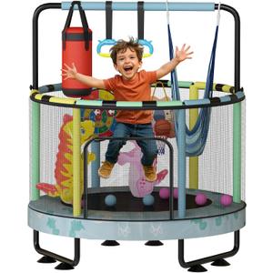 LAMERGE 55" 7-in-1 Round Trampoline for Kids Boys & Girls Ages 1-8, Indoor & Outdoor Trampoline for Fun, Adjustable Height Handrail  Enclosed Safety Net  Durable Designs for Toddlers Children (Small, Blue Dinosaur)
