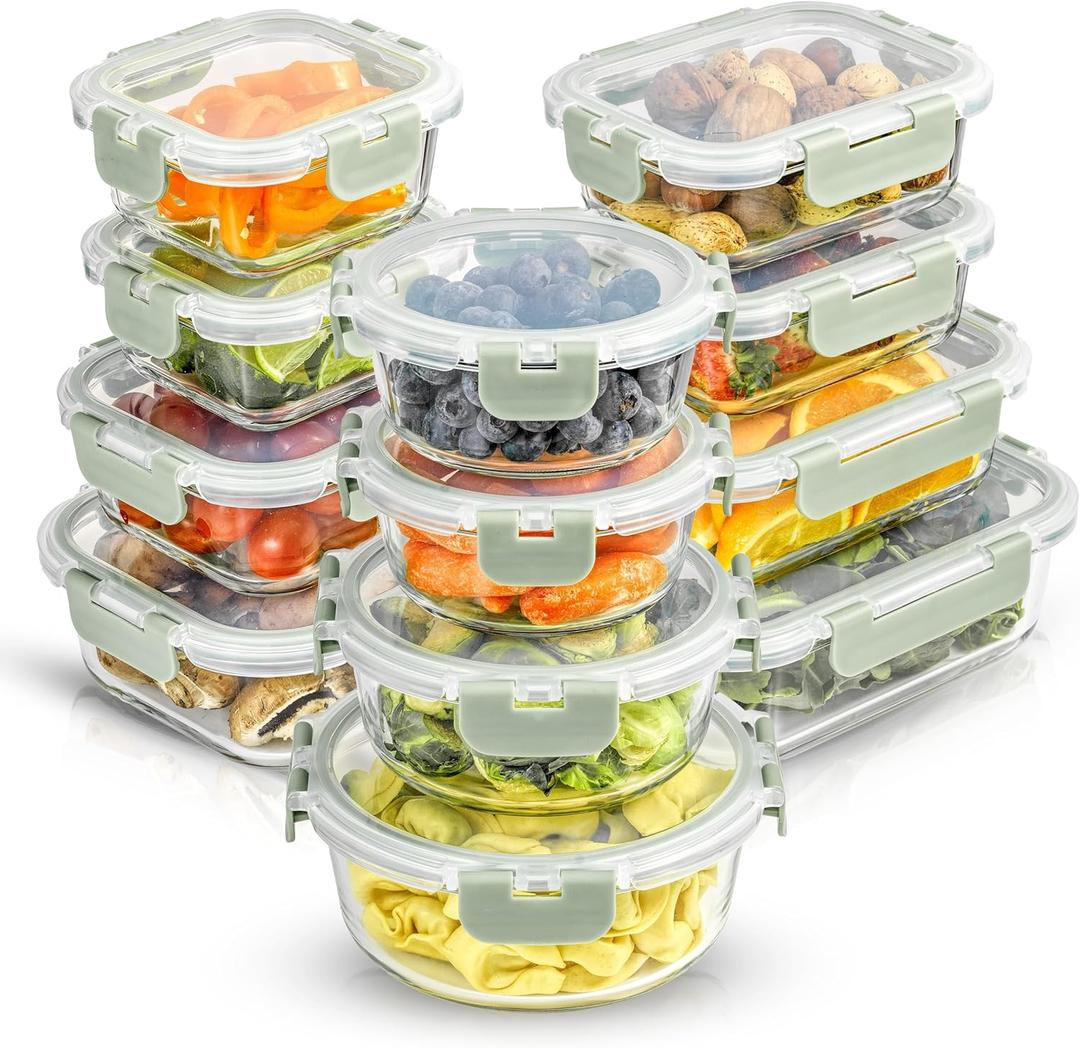 JoyJolt 24pc Borosilicate Glass Storage Containers with Lids | 12 Airtight/Freezer Safe Food Storage Containers for Pantry and Kitchen | Meal Prep Container for Lunch | Glass meal Set