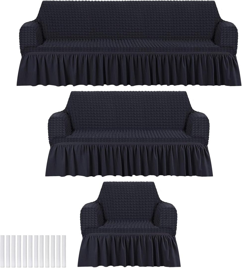 3 Pcs Sofa Slipcover Set for Couch Cushion Durable Washable High Elastic Stretchable Furniture Couch Covers with Skirt for Sofa Loveseat Arm Chair(Black,Seersucker)