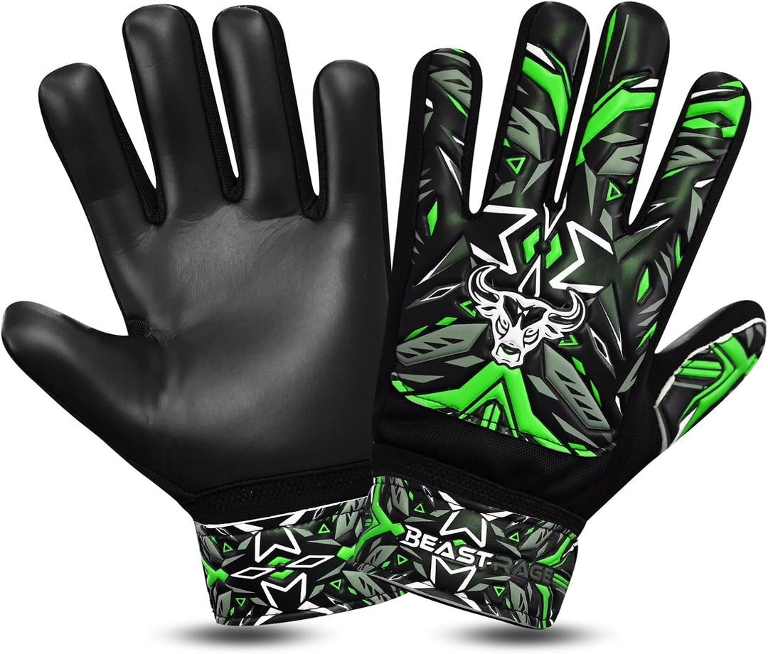 BEAST RAGE Goalkeeper Gloves for Boys Kids Youth Football Keeping Soccer Goalie Gloves with Strong Grip for Ball Receiver,Wrist Support 4MM Latex Palm (Size 5 - fit for 9 to 12 Years Old, Green)