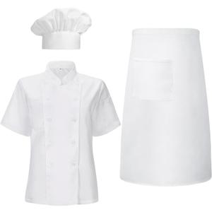 Hillban 3 Pcs Women Chef Coat Unisex Chef Jacket Uniform Tall Hat Costume Coat Shirt Bistro Apron Set (Large, White)