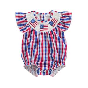 Bonangber Fourth of July Baby Girl Outfit Plaid Print American Flag Romper Smocked Bodysuit Cute Baby Girl 4th of July Outfit(G-Blue American Flag,12-18 Months) (Blue)