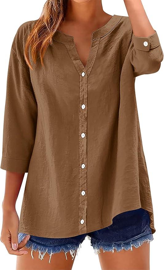 LOMON 3/4 Length Sleeve Shirts for Women Cotton Short Sleeve Button Down Shirt V Neck Loose Summer Tops Light Coffee XL