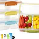 4 Pack Plastic Snack Containers with Lids, 2 Compartment Food Container for Kids Snack Box, Travel Bento Lunch Containers with forks for Fruits/Candies, Divided Food Storage Containers for School (Yellow)