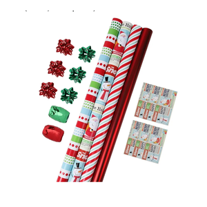 LaRibbons Christmas Wrapping Paper Roll with Cutlines, Polka Dot & Stripe Design with Gift Bow & Ribbons & Tags, Perfect for Christmas, Holiday Party, 30 Inch X 10 Feet (4Rolls, 100 sq.ft.ttl.)