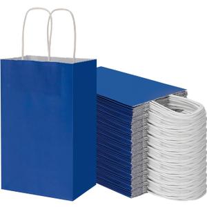 100 Pack 5.25x3.25x8.25 Inch Small Royal Blue Kraft Paper Bags with Handles Bulk, Toovip Gift Wrap Bags for Favor Grocery Retail Party Birthday Shopping Business Goody Craft Merchandise Take Out Sacks