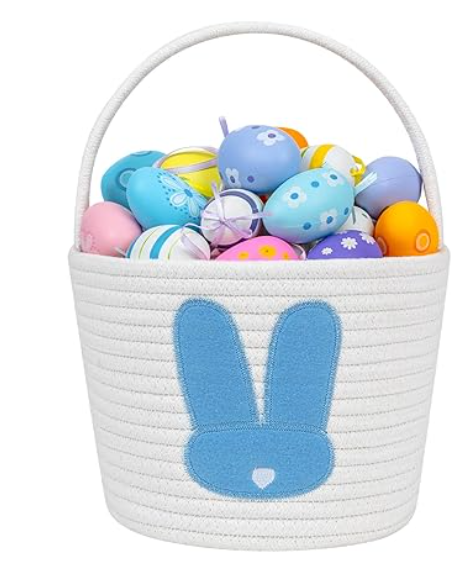 CubesLand Easter Basket for Kids Boys and Girls, Adorable Bunny Basket for Easter Egg Hunts, Soft & Safe Babys First Easter Basket, Sturdy Cotton Rope Empty Gift Basket, Festive Dcor, Large (Blue)