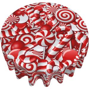 KUOAICY Swirl Candy Christmas Round Tablecloth White and Red Xmas Table Cover Washable Tablecloths for Kitchen Dining Party Home Decor 60 inch