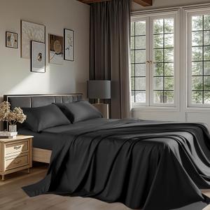 REDASW 100% Egyptian Cotton Sheets 1200 Thread Count King Size Bedding Sets 4 Pcs, Fitted Sheet Up to 16" Deep Breathable All Seasons (King, Black)