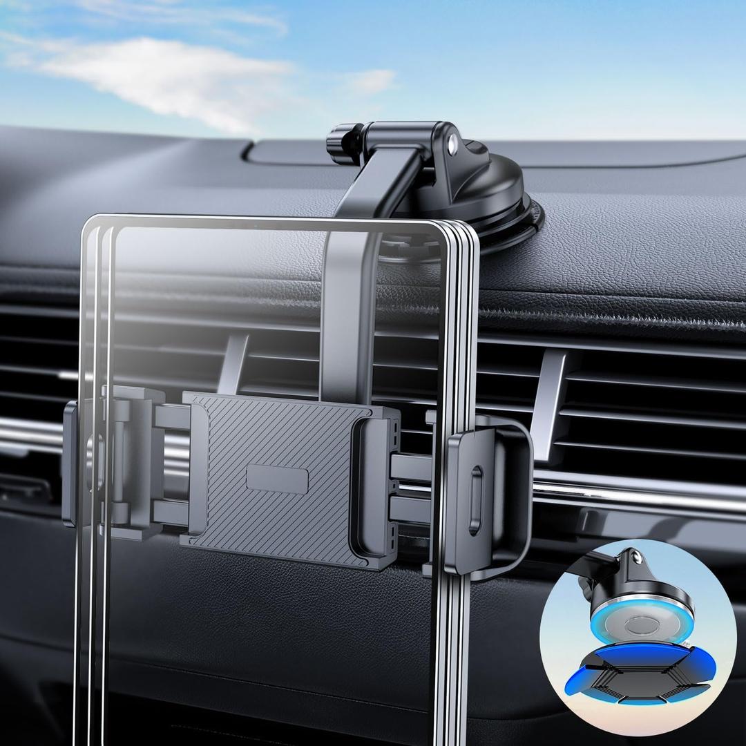 eSamcore Tablet Holder for Car Dashboard, Windshield Mount Holder for iPad & Foldable Phone Stand with Stable 360 Adjustable Clamp Car Gadgets & Accessories for iPad Air Pro Mini All 6-11 Devices