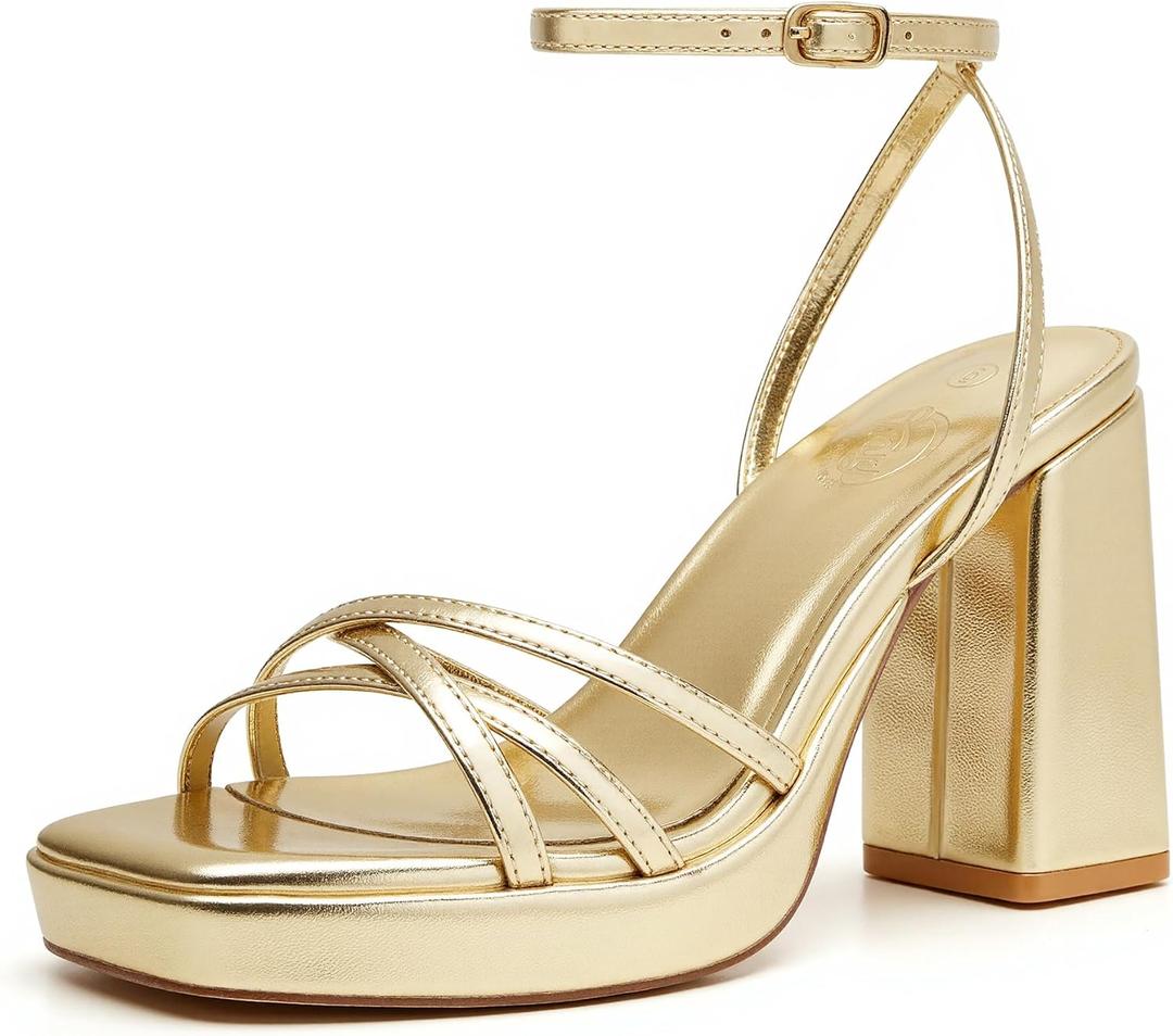 Trary Gold & White Heels - Square Toe, 3 inch Platform, Strappy & Block Heels for Wide Feet, Ankle Strap Y2k Shoes for Prom (6.5, Gold Pu)