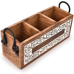 Mahasu Caddy Mango Wood 3 Compartment Wooden Silverware Caddy Utensil Holder for Kitchen Countertop, Picnic, Buffet Party (11" x 4" x 4.5")