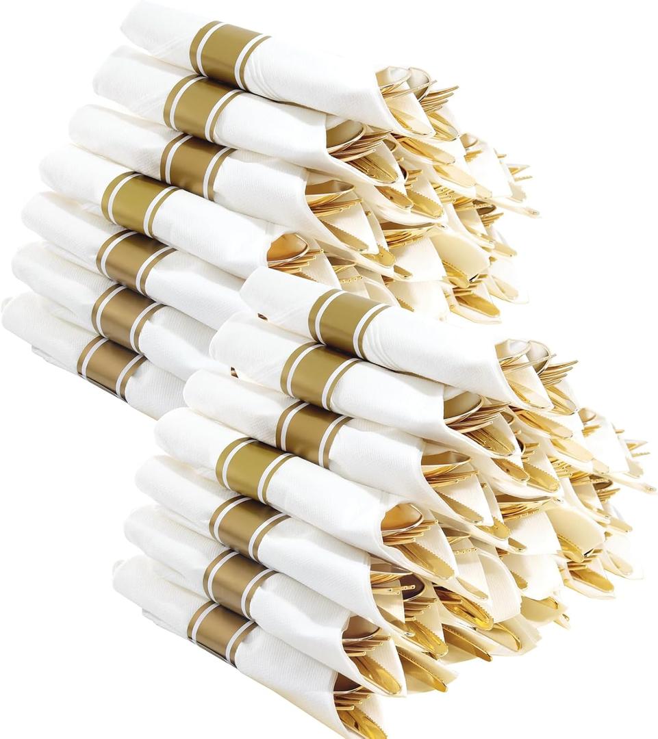 400PCS Pre Rolled Gold Plastic Silverware Sets - Heavy Duty Fancy Gold Cutlery - Include 100 Pack Wrapped Disposable Utensils with Napkins for Parties, Dinners & Weddings