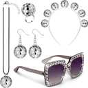 Tudomro 5 Pcs 1970s Disco Outfit Woman Party Costume Set Disco Ball Earrings Headband Ring Sunglasses & Necklace Accessories
