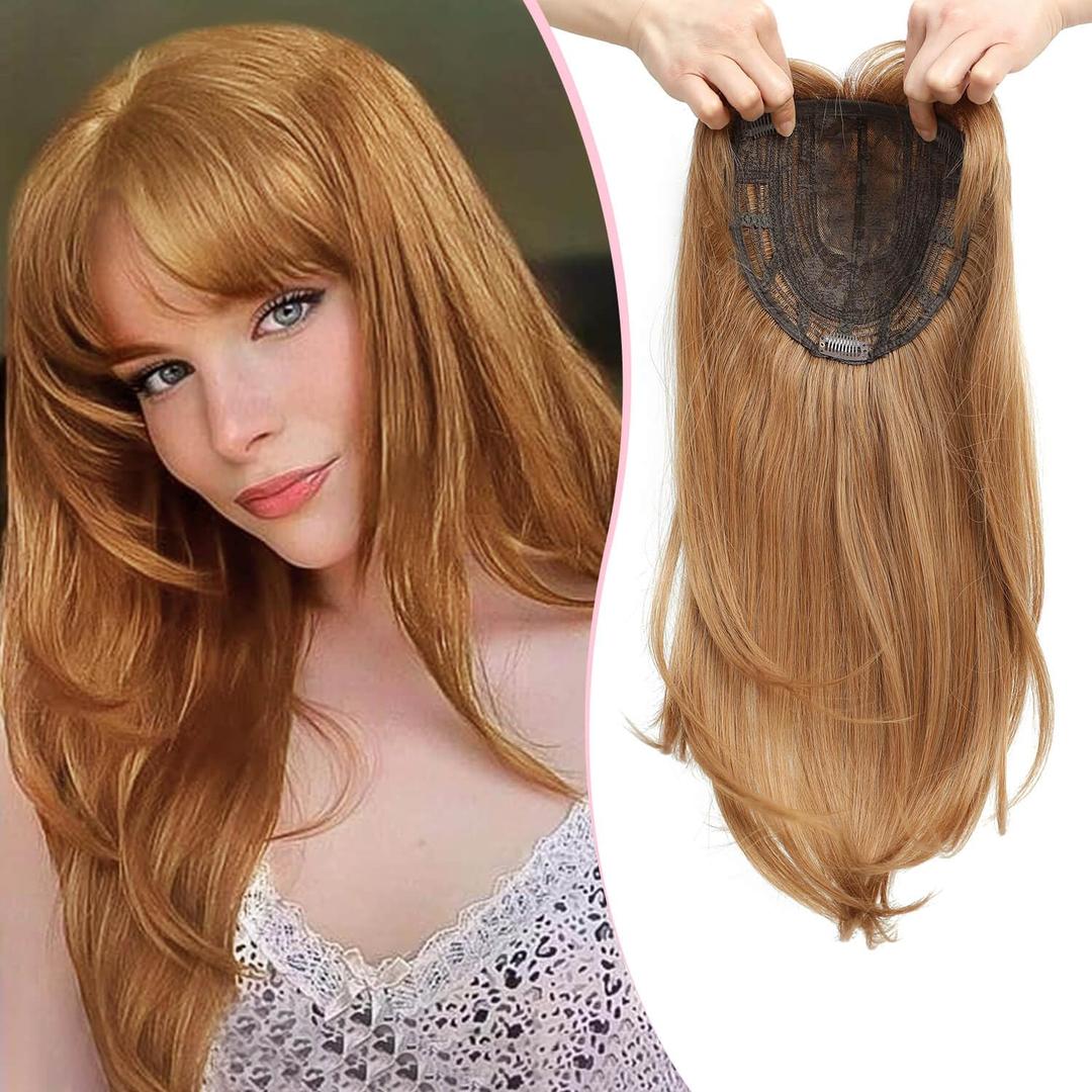 Long Wavy 18inch Strawberry Blonde Hair Topper with Bangs Big Base Cover Thinning Hair Clip in Hair Toppers for Women Fiber Wiglets with Fringe (18 Inch)