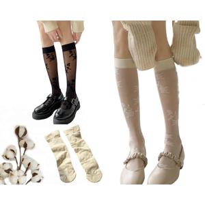 CHUNFO Sheer Socks Womens Floral Embroidered Flower Calf Knee High Cute Ankle Vintage Sock Thin Size 5-10.5 (One Size, 2 Pack, Black, White)