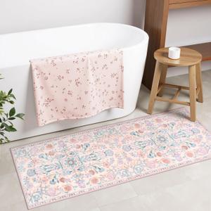 Uphome Bathroom Rug Runner Pink Floral Bath Mats Vinatge Ultra Soft Non Slip Bathroom Rugs Machine Washable Boho Farmhouse Medallion Shower Rug for Sink Tub Entryway, 18x47 inch