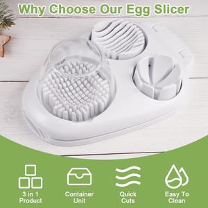 3 in 1 Egg Slicer for Hard Boiled Eggs, Multipurpose 3-Way Cutter with 3 Slice Modes, Heavy Duty, Hard Boiled Egg Cutter & Fruit Slicer, Dishwasher Safe (White)