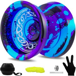 YOYOSTUDIO F25 Finger Spin Yoyo Professional Responsive Yoyo for Kids 8-12 and Beginner, Unresponsive Yoyos for Adults with Yoyos Accessory Kit, 10 Yo-Yo Strings, Case & Glove - Black Blue Purple