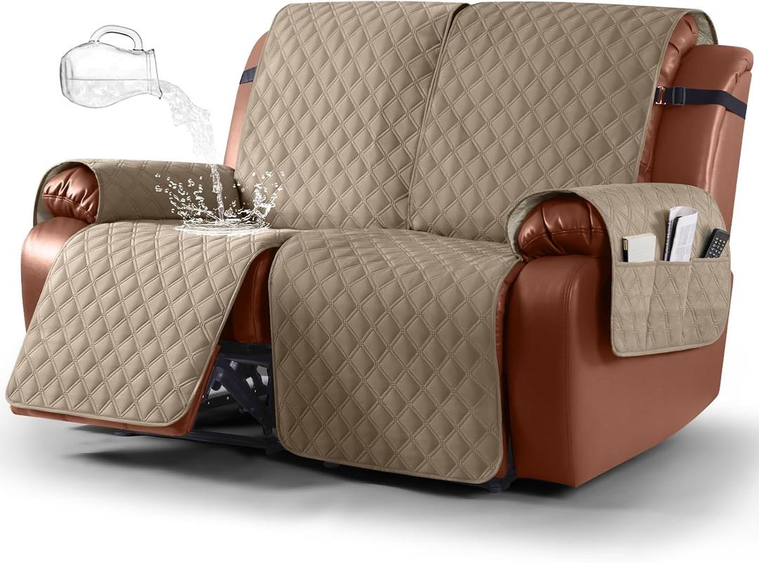 Ruaozz Waterproof Recliner Sofa Covers, 1-Piece Reclining Couch Covers Non-Slip Sofa Slipcover Washable Furniture Protector with Elastic Straps Pocket for Kids Pets (Khaki, 2 Seater)